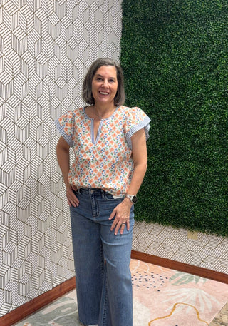 Aria Floral Ruffle Sleeve Blouse – Orange & Blue Mixed Print Top-210 Womens Top-Stacccato-Baby In Bloom