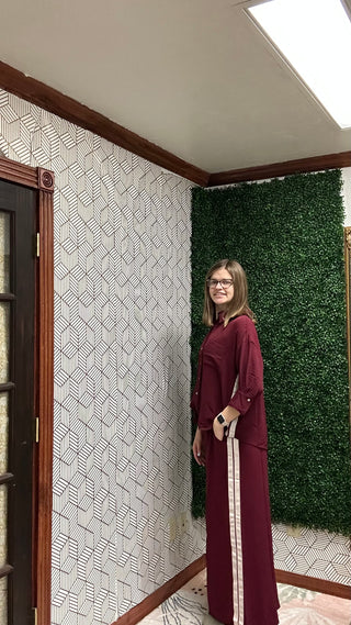 Aria Burgundy Striped Co-ord Set | Chic Wide-Leg Loungewear-210 Womens Top-She & Sky-Baby In Bloom