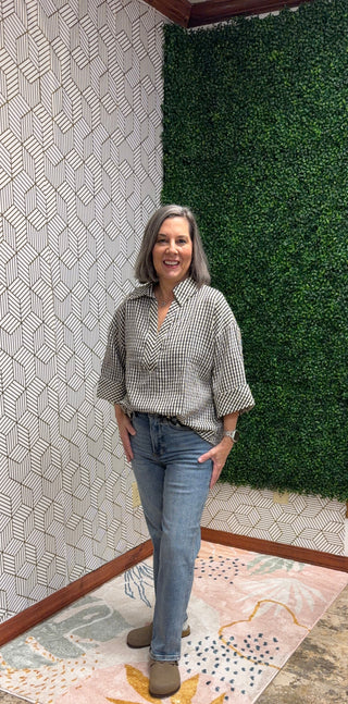 Monochrome Gingham V-Neck Blouse