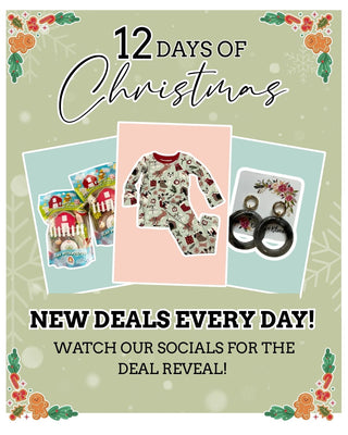 Promotional graphic for '12 Days of Christmas' with a baby onesie and toys on a festive background Baby in Bloom