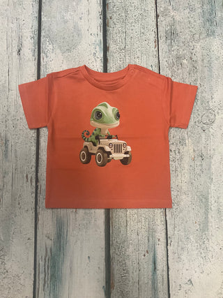Orange Shirt with Chameleon driving a Jeep Shirt-130 Kids Tops-Mayoral USA-Baby In Bloom