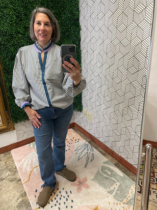 Navy stripe shirt with contrast stripe collar