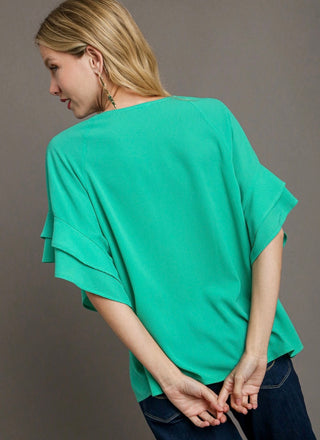 Emerald Ruffle Sleeve Shirt-210 Womens Top-Umgee-Baby In Bloom