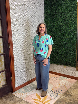 Isla Floral Boho V-Neck Top-Vibrant Turquoise Flutter Sleeve Shirt-210 Womens Top-Little Daisy Closet-Baby In Bloom