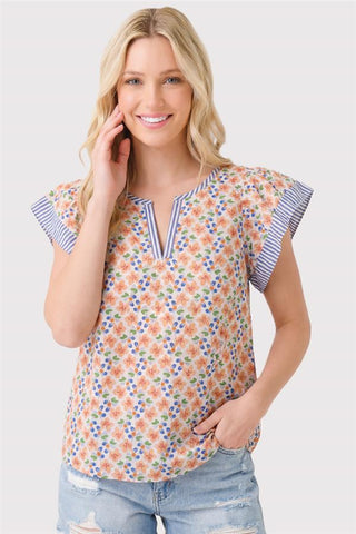 Aria Floral Ruffle Sleeve Blouse – Orange & Blue Mixed Print Top-210 Womens Top-Stacccato-Baby In Bloom