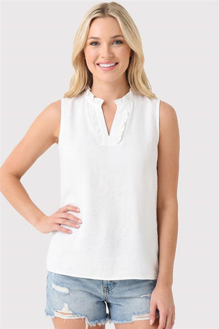 Everly Ruffle-Neck Sleeveless Blouse – Crisp White-210 Womens Top-Stacccato-Baby In Bloom
