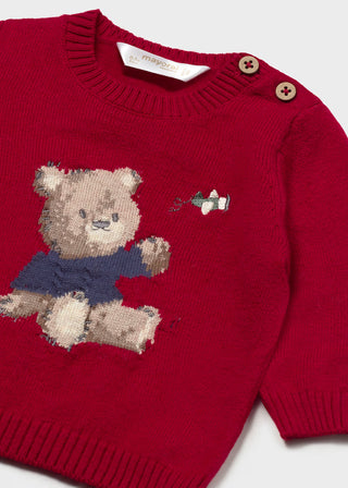 Mayoral Baby Red Teddy Bear Knit Sweater – Cozy Shoulder-Button Pullover-130 Kids Tops-Mayoral USA-Baby In Bloom