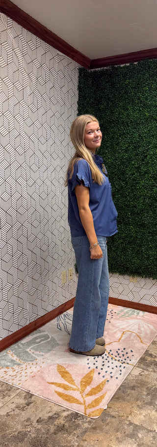 Willow Ruffle Neck Flutter Sleeve Denim Blouse-210 Womens Top-She & Sky-Baby In Bloom
