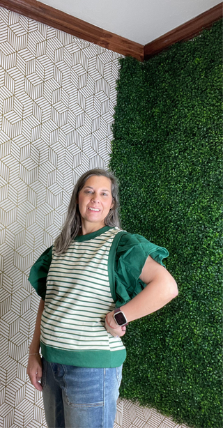 Green Stripe Ruffled Sleeve Shirt