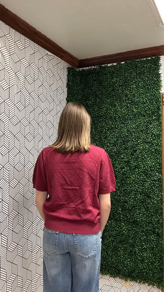 Luxe Burgundy Diamond-Stitch Knit Sweater Tee-210 Womens Top-She & Sky-Baby In Bloom