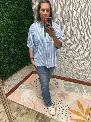 Sky blue w/striped collar shirt