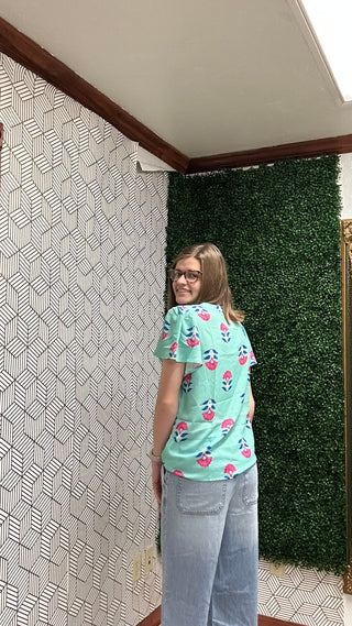 Isla Floral Boho V-Neck Top-Vibrant Turquoise Flutter Sleeve Shirt-210 Womens Top-Little Daisy Closet-Baby In Bloom