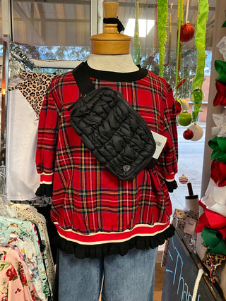 Christmas Plaid Contrast Banded Puff Sleeve Top-Distress-Bibi-Baby In Bloom