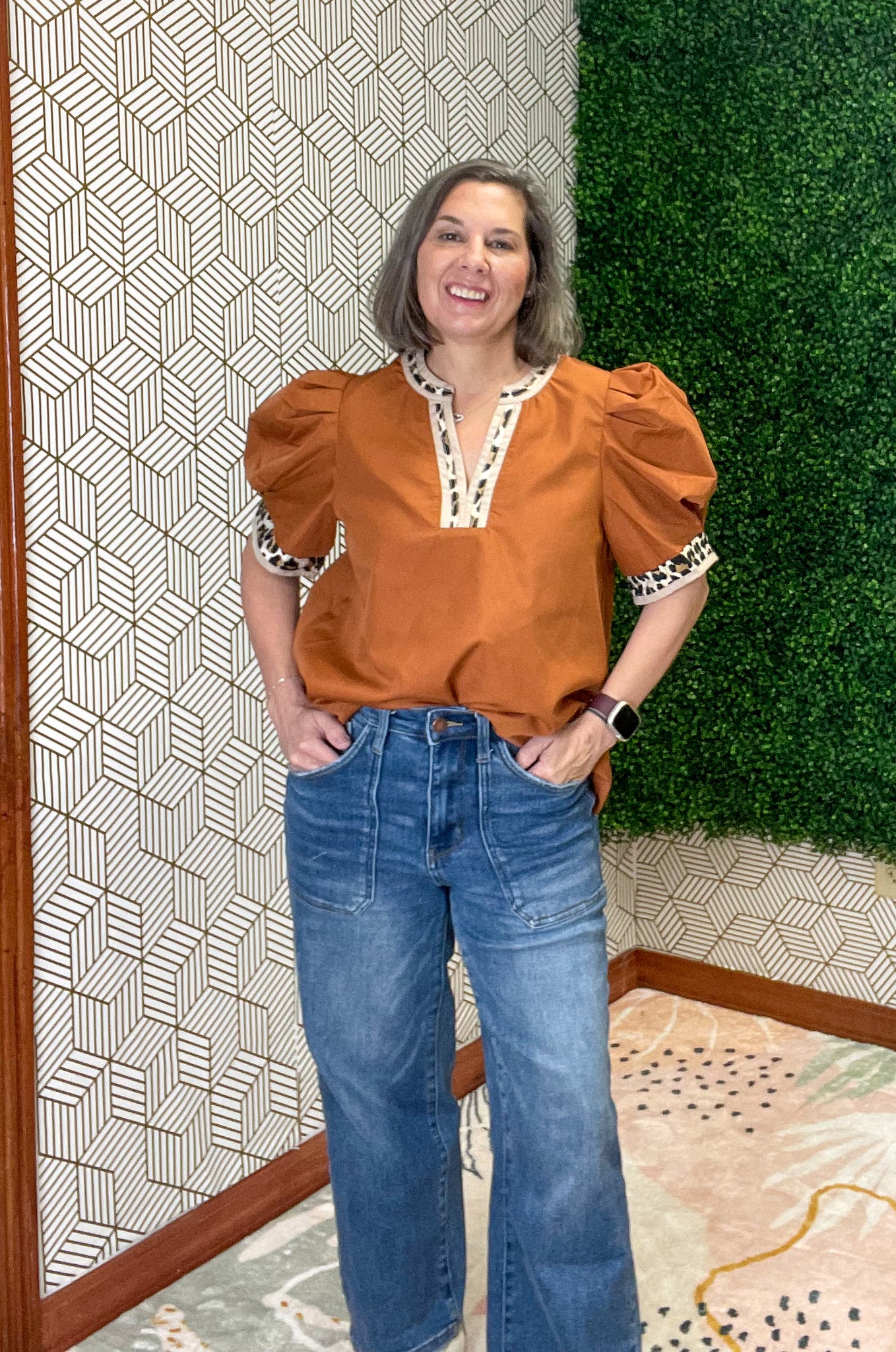 Caramel top with leopard accent