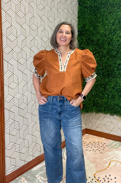Caramel top with leopard accent