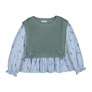 Mayoral Girls’ 2-in-1 Sage Knit Vest & Floral Stripe Peplum Blouse-140 Kids Bottoms-Mayoral USA-Baby In Bloom