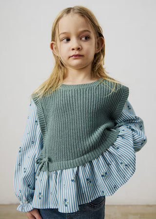 Mayoral Girls’ 2-in-1 Sage Knit Vest & Floral Stripe Peplum Blouse-130 Kids Tops-Mayoral USA-Baby In Bloom
