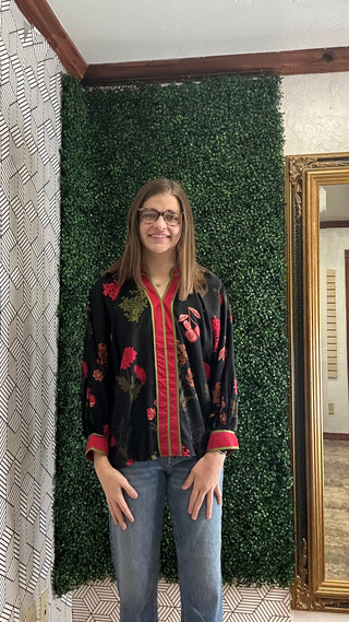 Black Floral Print Shirt with Red Accent-Distress-Umgee-Baby In Bloom