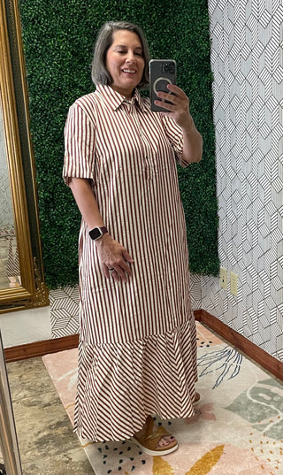 Long rust stripe Ruffle dress