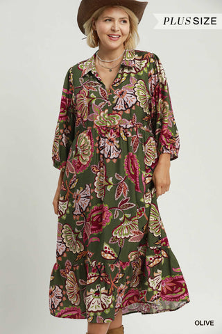Luna Boho Olive Paisley Tiered Midi Dress – Plus Size-230 Womens Dress/Romper/jump-Umgee-Baby In Bloom