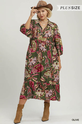 Luna Boho Olive Paisley Tiered Midi Dress – Plus Size-230 Womens Dress/Romper/jump-Umgee-Baby In Bloom