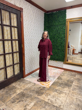 Aria Burgundy Striped Co-ord Set | Chic Wide-Leg Loungewear-210 Womens Top-She & Sky-Baby In Bloom