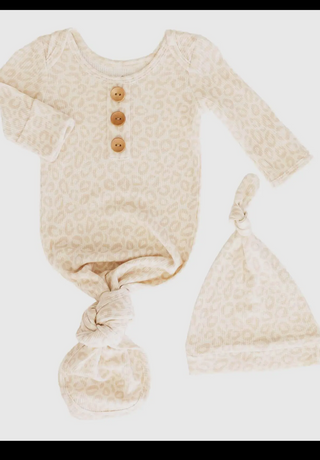 Lovely Leopard Knotted Gown and Hat-110 Footie/pjs/coverall/gown-Caden Lane-Baby In Bloom