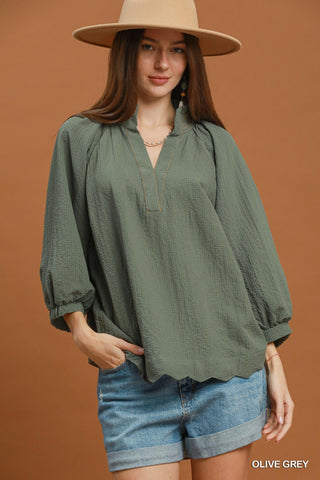 Textured V-Neck Scalloped Blouse – Olive Grey-210 Womens Top-Umgee-Baby In Bloom