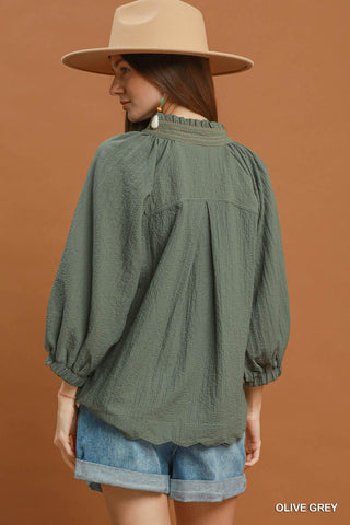 Textured V-Neck Scalloped Blouse – Olive Grey-210 Womens Top-Umgee-Baby In Bloom