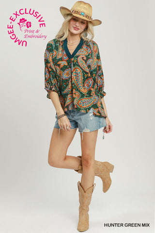 Umgee Hunter Green Paisley Boho Blouse – Relaxed V-Neck Tunic-210 Womens Top-Umgee-Baby In Bloom