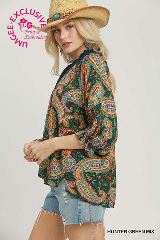 Umgee Hunter Green Paisley Boho Blouse – Relaxed V-Neck Tunic-210 Womens Top-Umgee-Baby In Bloom