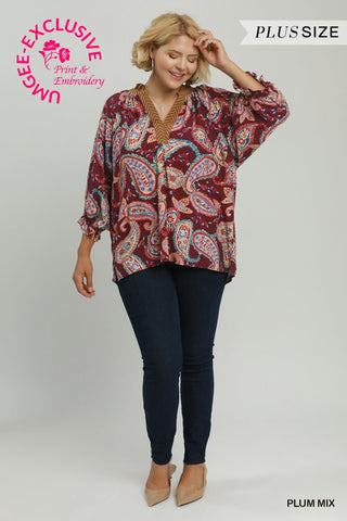 Bohemian Plum Paisley V-Neck Blouse – Plus Size-210 Womens Top-Umgee-Baby In Bloom