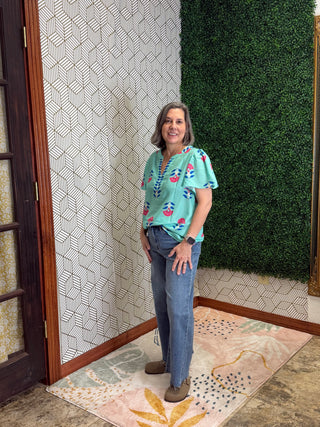 Isla Floral Boho V-Neck Top-Vibrant Turquoise Flutter Sleeve Shirt-210 Womens Top-Little Daisy Closet-Baby In Bloom