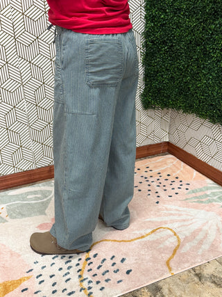 Stripe Denim Waist Tie Parachute Pants