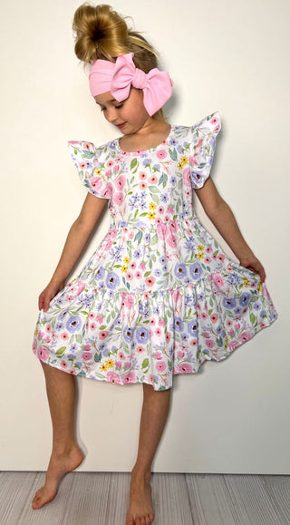 Pastel Poppy Flutter Sleeve Floral Twirl Dress-160 Dress/Romper/Jumpsuit-Clover Cottage-Baby In Bloom