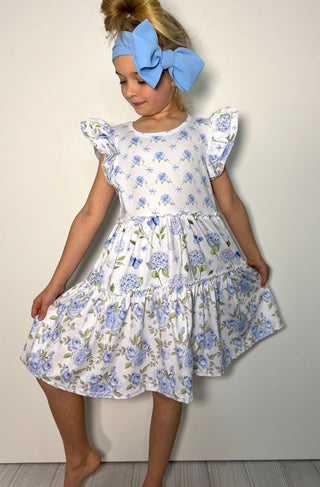 Enchanted Blue Hydrangea Tiered Girls Flutter Dress-160 Dress/Romper/Jumpsuit-Clover Cottage-Baby In Bloom