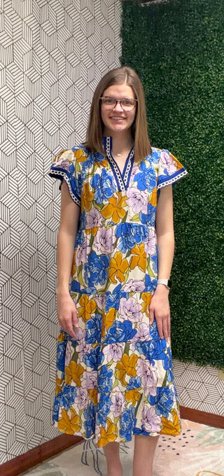 Bright Floral Print Midi Dress Large Bright Floral Print Midi Dress Large