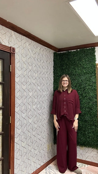 Aria Burgundy Striped Co-ord Set | Chic Wide-Leg Loungewear-210 Womens Top-She & Sky-Baby In Bloom