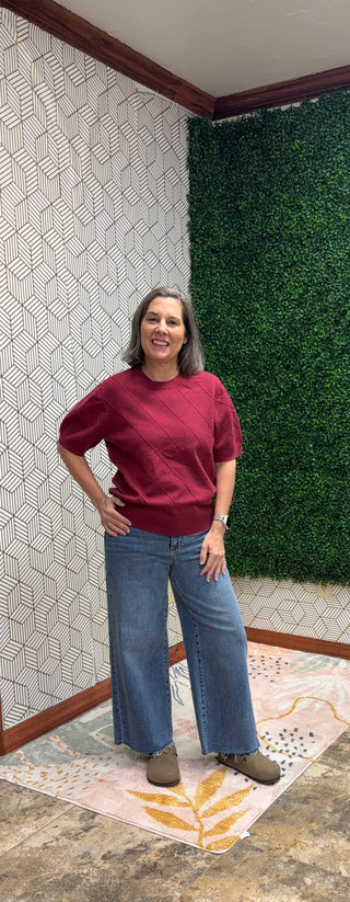 Luxe Burgundy Diamond-Stitch Knit Sweater Tee-210 Womens Top-She & Sky-Baby In Bloom