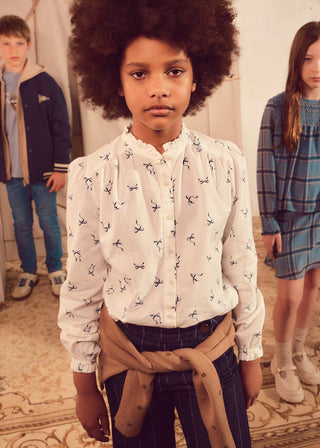 Girls' Ruffle Collar Bow Print Blouse