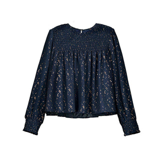 Aurora Metallic Smocked Blouse – Navy & Gold Cotton-130 Kids Tops-Mayoral USA-Baby In Bloom