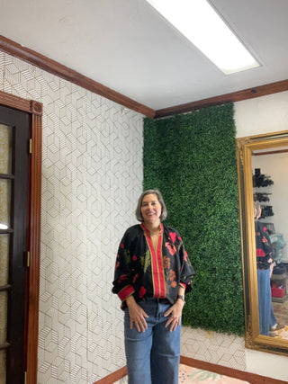 Black Floral Print Shirt with Red Accent-Distress-Umgee-Baby In Bloom