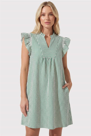 Everly Coastal Green Striped Smocked Ruffle Dress-230 Womens Dress/Romper/jump-Stacccato-Baby In Bloom
