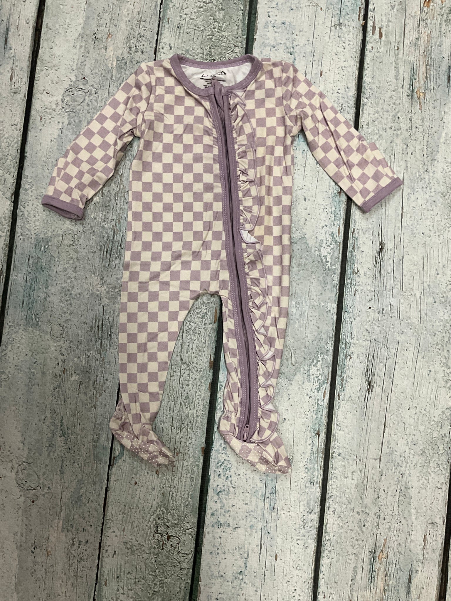 Lavender cloud checkered Ruffle footie 