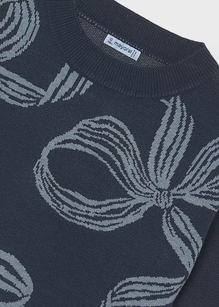 Girls' Coquette Bow Print Knit Sweater – Trendy Navy Graphic-130 Kids Tops-Mayoral USA-Baby In Bloom