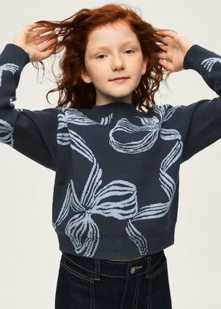 Girls' Coquette Bow Print Knit Sweater – Trendy Navy Graphic-130 Kids Tops-Mayoral USA-Baby In Bloom