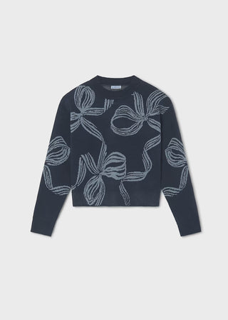 Girls' Coquette Bow Print Knit Sweater – Trendy Navy Graphic-130 Kids Tops-Mayoral USA-Baby In Bloom