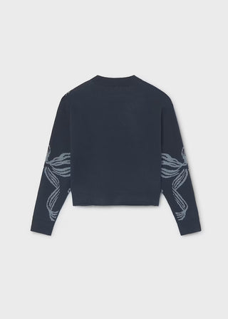Girls' Coquette Bow Print Knit Sweater – Trendy Navy Graphic-130 Kids Tops-Mayoral USA-Baby In Bloom