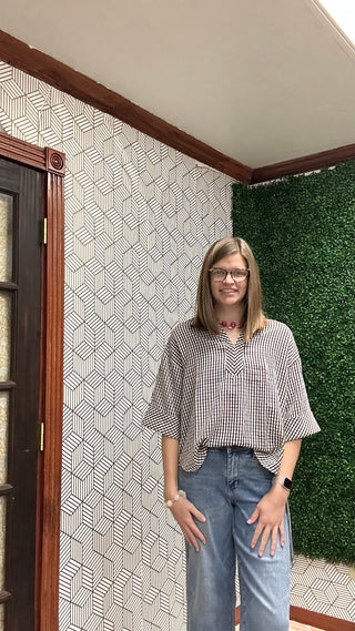Monochrome Gingham V-Neck Blouse