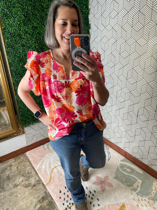 Orange Shirred Floral Print Top